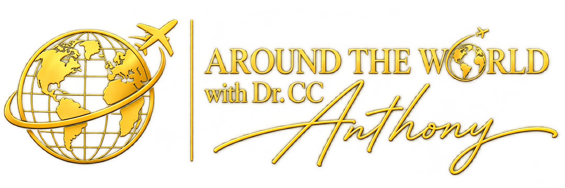 Around the World with Dr. CC Anthony — gold globe and airplane logo